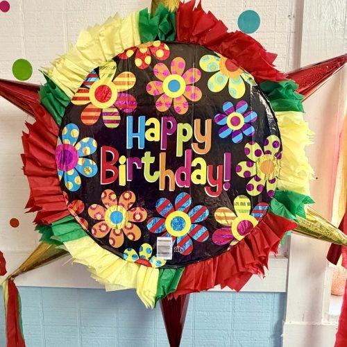Happy Birthday Flowers Round Piñata with 6 cones