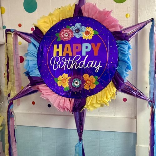 Happy Birthday Flowers Round Piñata with 6 cones
