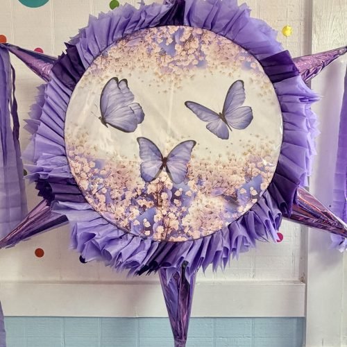 Purple Butterflies Round Piñata with 6 cones